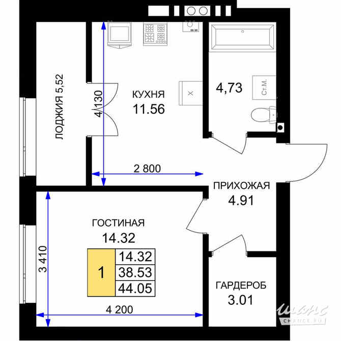 1-к квартира, 44.05 м², этаж 6/7 Гурьевск - изображение 3
