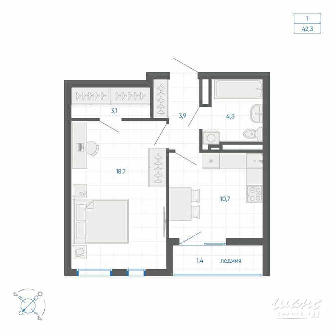 1-к квартира, 42.3 м², этаж 25/32 Екатеринбург - изображение 1
