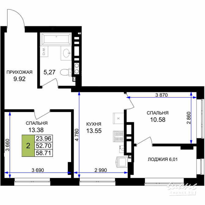 2-к квартира, 58.71 м², этаж 7/7 Гурьевск - изображение 3