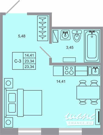 1-к квартира, 23.34 м², этаж 1/17 Бугры - изображение 1