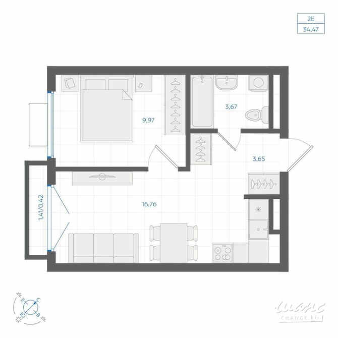 1-к квартира, 34.47 м², этаж 4/4 Екатеринбург - изображение 1