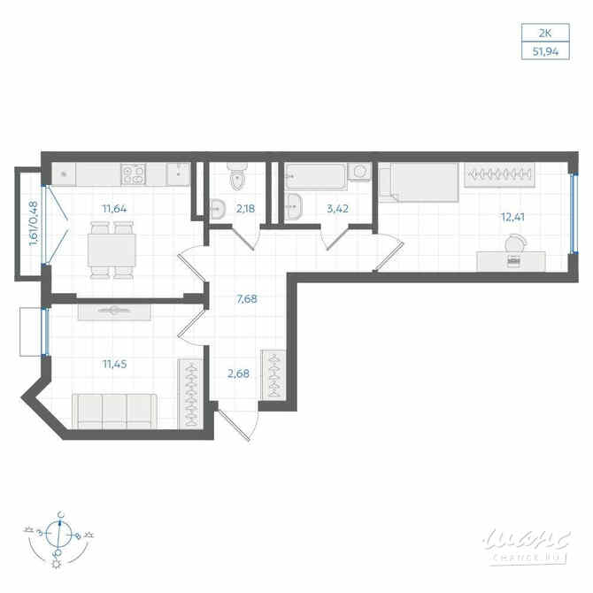 2-к квартира, 52.02 м², этаж 4/4 Екатеринбург - изображение 1