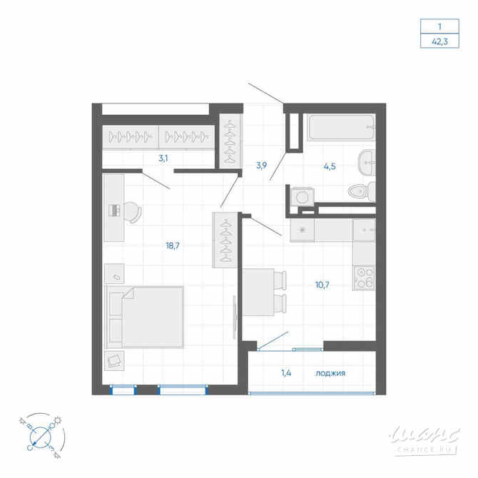 1-к квартира, 42.3 м², этаж 27/32 Екатеринбург - изображение 1