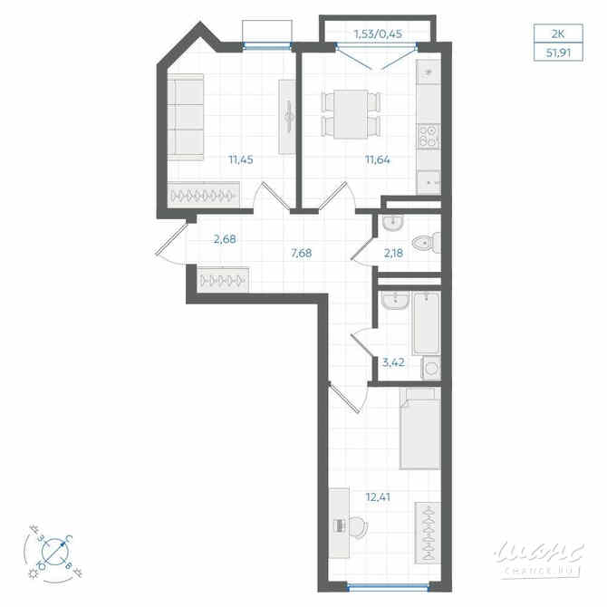 2-к квартира, 51.86 м², этаж 3/4 Екатеринбург - изображение 1