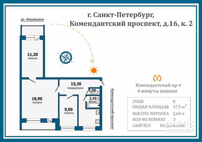 3-к квартира, 57.5 м², этаж 8/10 Санкт-Петербург - изображение 3