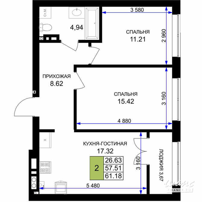 2-к квартира, 61.18 м², этаж 7/7 Гурьевск - изображение 3