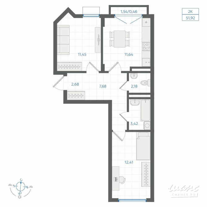 2-к квартира, 51.92 м², этаж 2/4 Екатеринбург - изображение 1