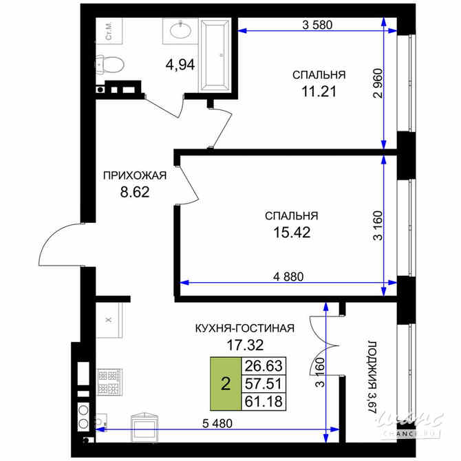 2-к квартира, 61.18 м², этаж 2/7 Гурьевск - изображение 3