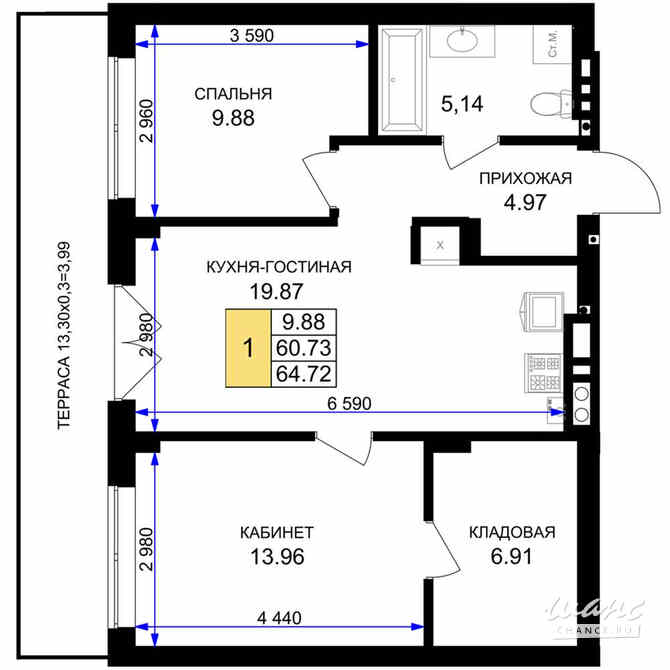 1-к квартира, 64.72 м², этаж 1/7 Гурьевск - изображение 3