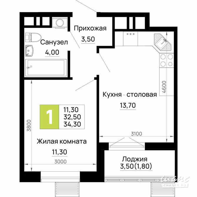 1-к квартира, 34.3 м², этаж 16/16 Тахтамукай - изображение 1