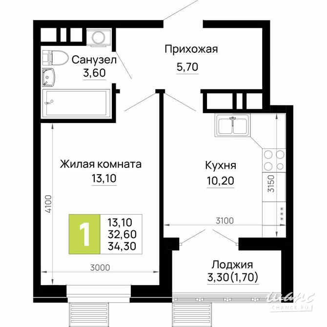 1-к квартира, 34.3 м², этаж 1/16 Тахтамукай - изображение 3