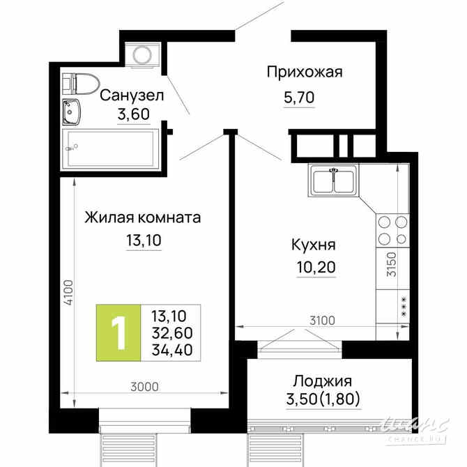 1-к квартира, 34.4 м², этаж 3/16 Тахтамукай - изображение 3