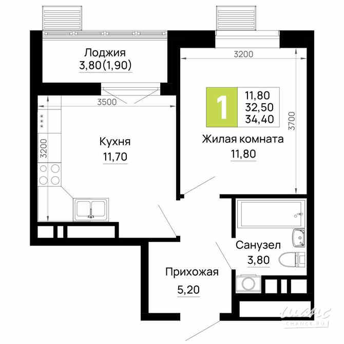 1-к квартира, 34.4 м², этаж 3/16 Тахтамукай - изображение 3