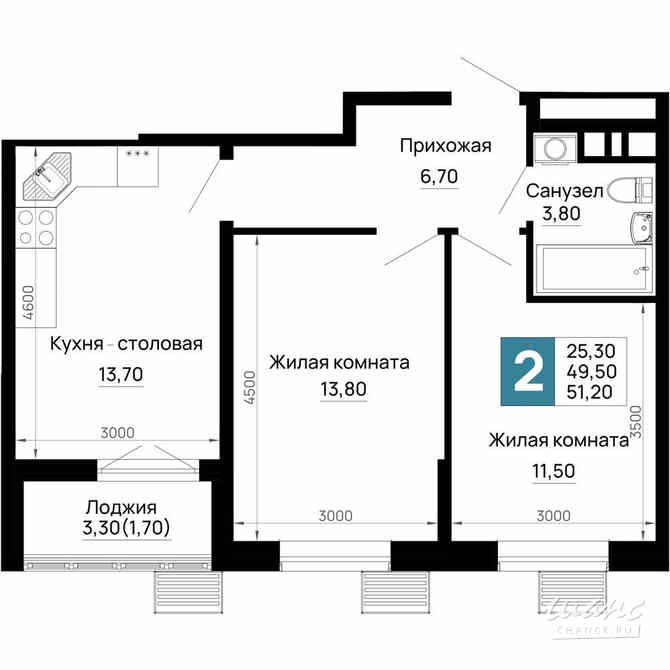 2-к квартира, 51.2 м², этаж 1/16 Тахтамукай - изображение 1
