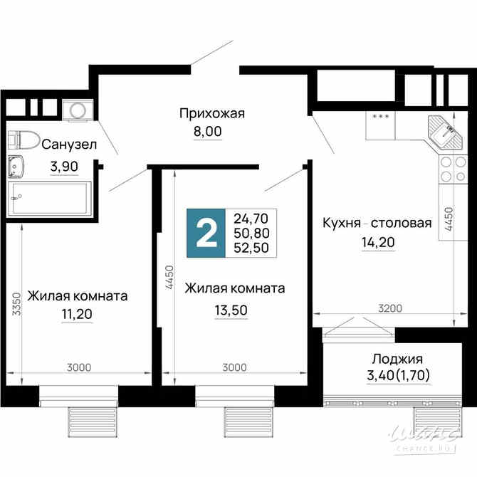 2-к квартира, 52.5 м², этаж 1/16 Тахтамукай - изображение 1