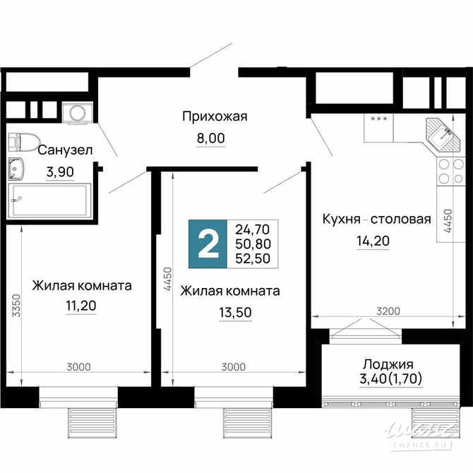2-к квартира, 52.5 м², этаж 11/16 Тахтамукай - изображение 1