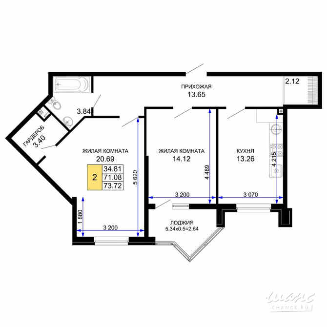 2-к квартира, 73.95 м², этаж 1/12 Краснодар - изображение 3