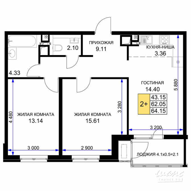 2-к квартира, 64.6 м², этаж 4/16 Краснодар - изображение 3