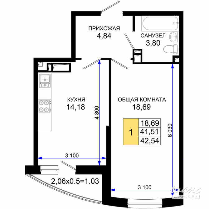 1-к квартира, 42.54 м², этаж 17/19 Краснодар - изображение 3