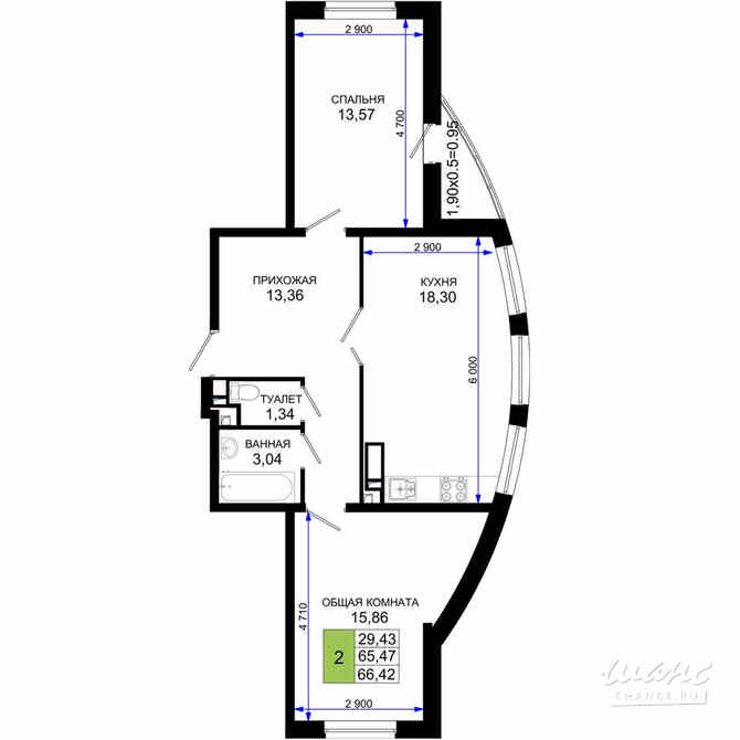 2-к квартира, 66.42 м², этаж 4/19 Краснодар - изображение 3