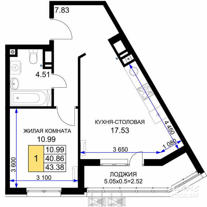 1-к квартира, 43.38 м², этаж 15/18 Краснодар - изображение 3