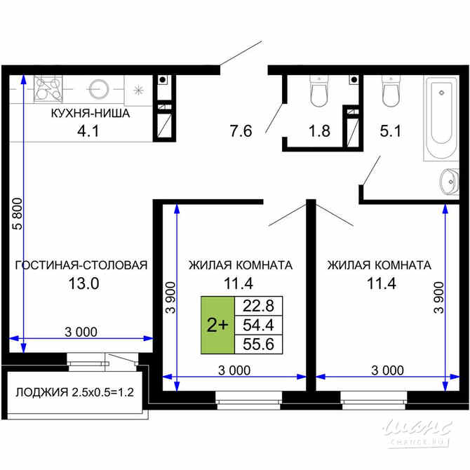 2-к квартира, 56.55 м², этаж 9/16 Краснодар - изображение 3