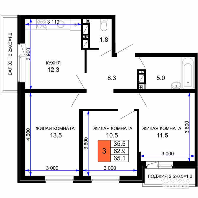 3-к квартира, 66.01 м², этаж 16/16 Краснодар - изображение 3