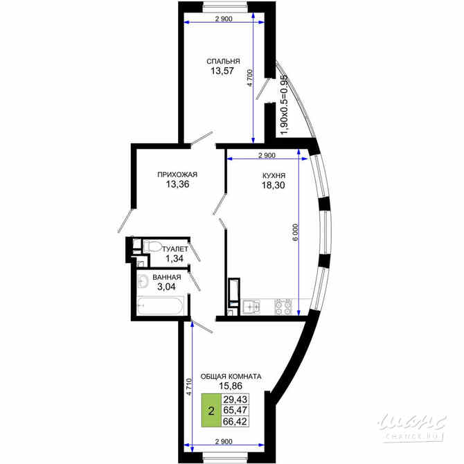 2-к квартира, 66.42 м², этаж 18/19 Краснодар - изображение 3