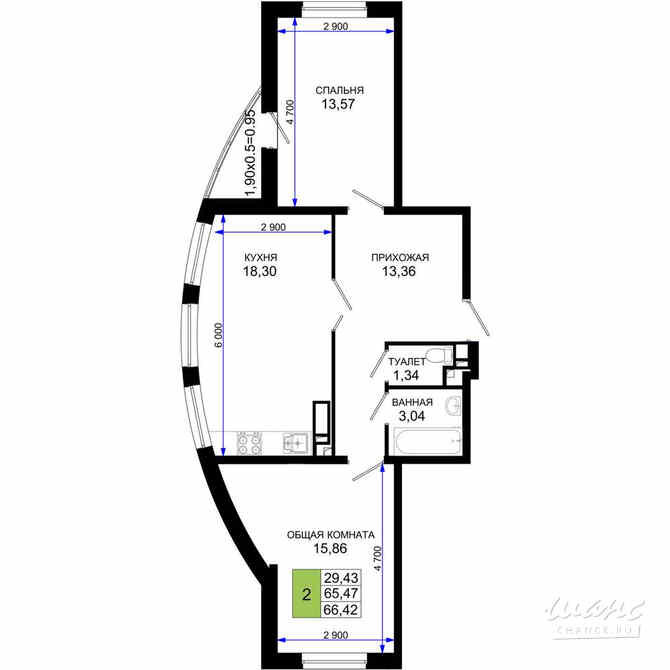 2-к квартира, 66.42 м², этаж 4/19 Краснодар - изображение 3