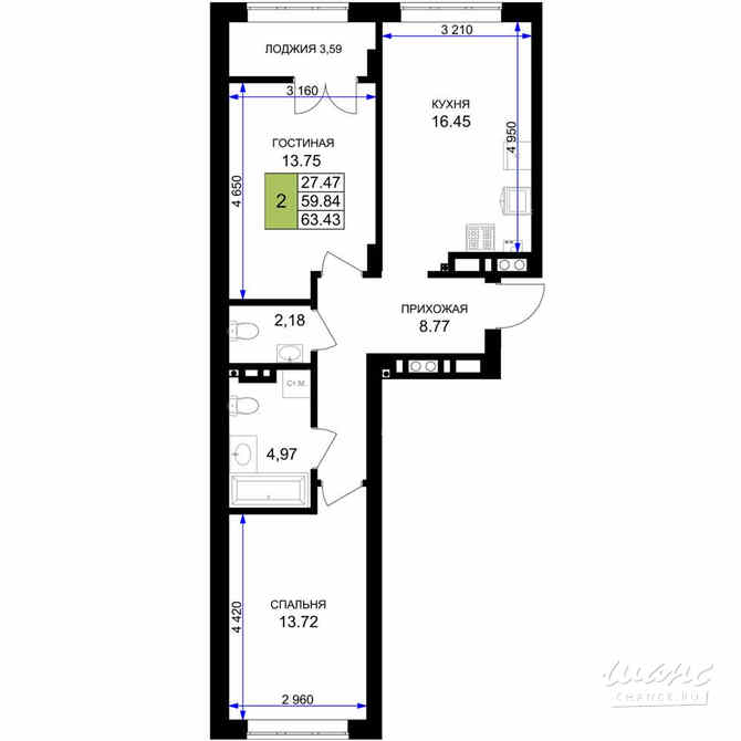 2-к квартира, 63.43 м², этаж 3/7 Гурьевск - изображение 3