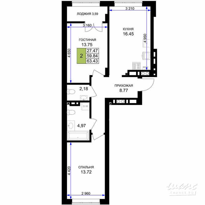 2-к квартира, 63.43 м², этаж 6/7 Гурьевск - изображение 3