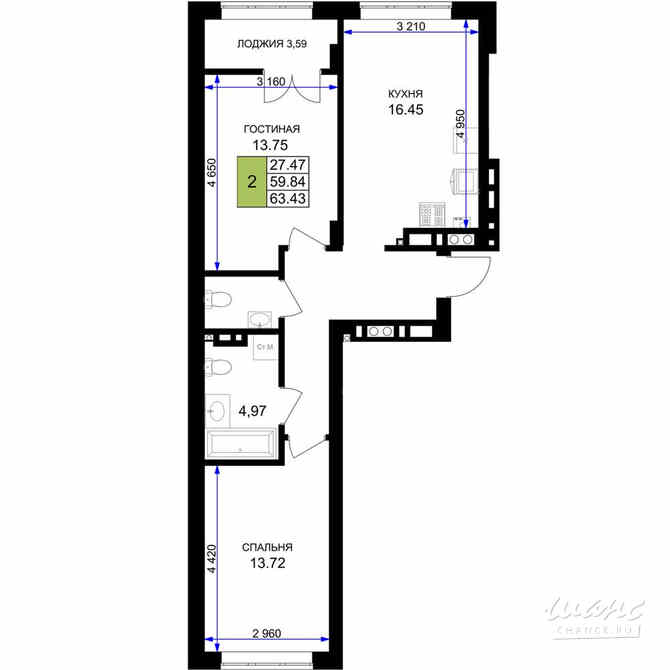 2-к квартира, 63.43 м², этаж 7/7 Гурьевск - изображение 3