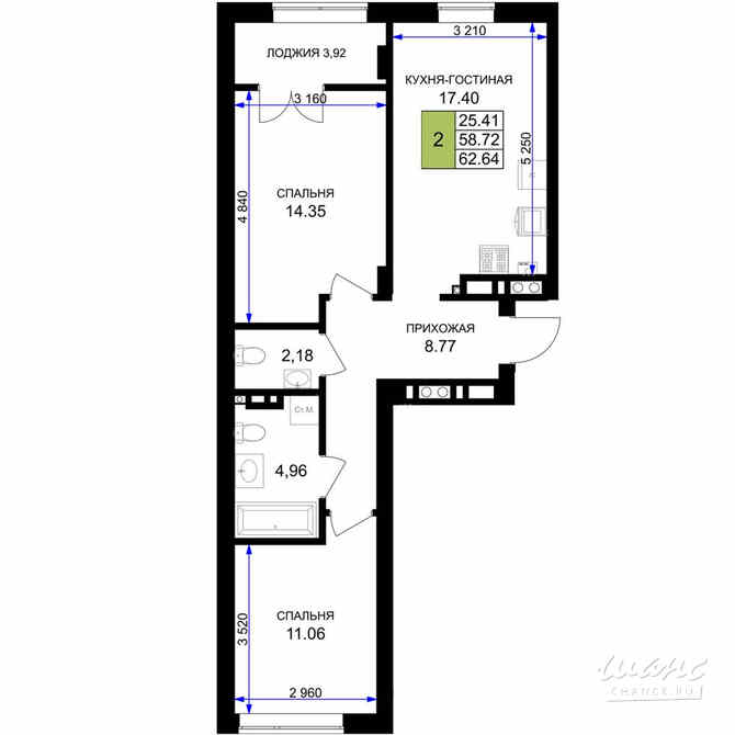 2-к квартира, 62.64 м², этаж 7/7 Гурьевск - изображение 3