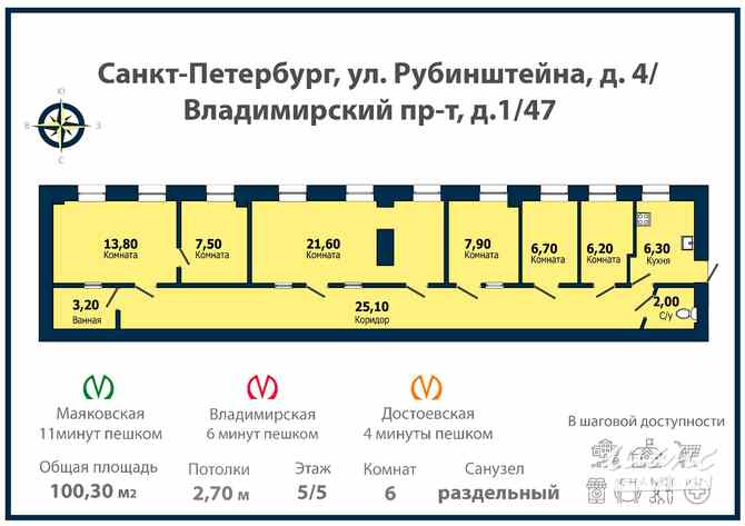 6-к квартира, 100.3 м², этаж 5/5 Санкт-Петербург - изображение 3