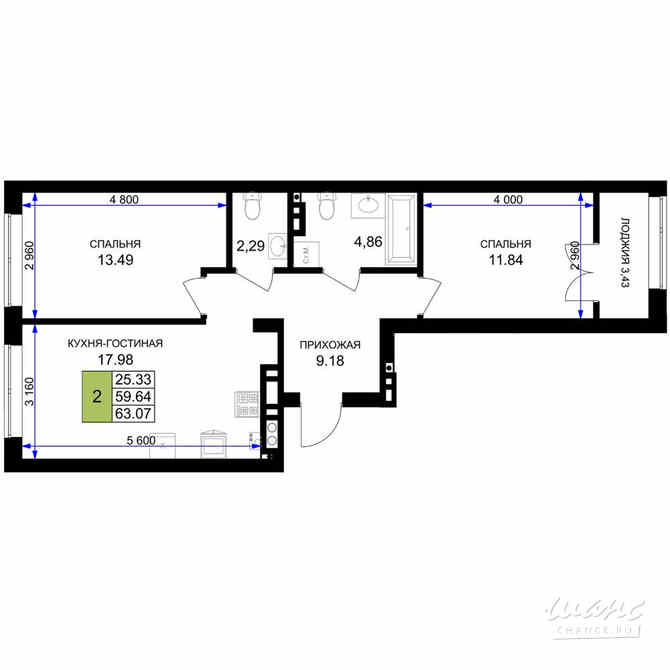 2-к квартира, 63.07 м², этаж 5/7 Гурьевск - изображение 3