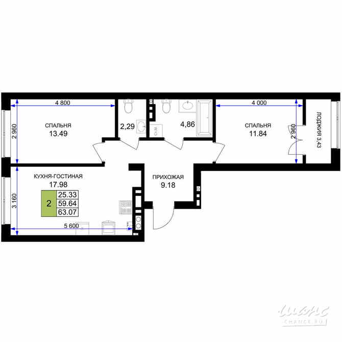 2-к квартира, 63.07 м², этаж 7/7 Гурьевск - изображение 3