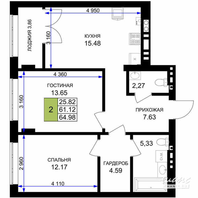 2-к квартира, 64.98 м², этаж 5/7 Гурьевск - изображение 3