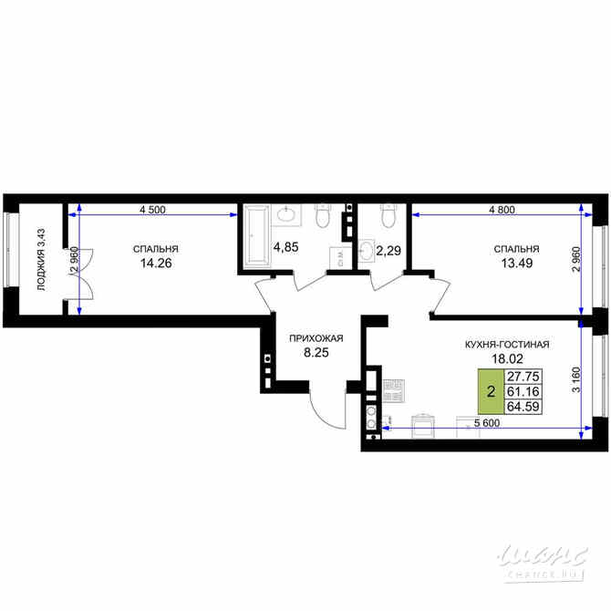 2-к квартира, 64.59 м², этаж 5/7 Гурьевск - изображение 3