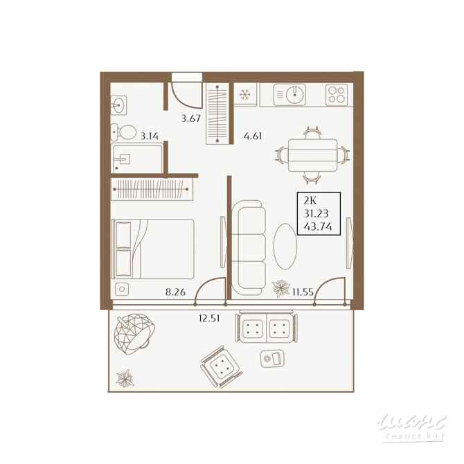 2-к квартира, 43.74 м², этаж 1/4  - изображение 3