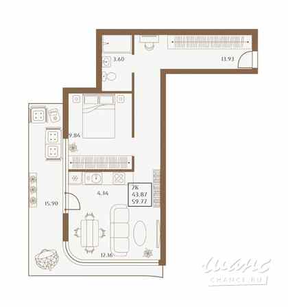 2-к квартира, 59.77 м², этаж 4/4  - изображение 3