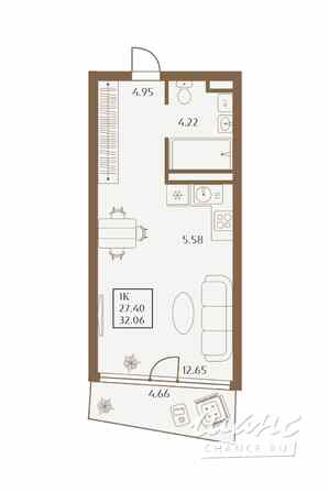 1-к квартира, 32.06 м², этаж 1/2  - изображение 3