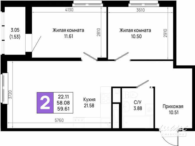 2-к квартира, 59.61 м², этаж 21/22 Всеволожск - изображение 3