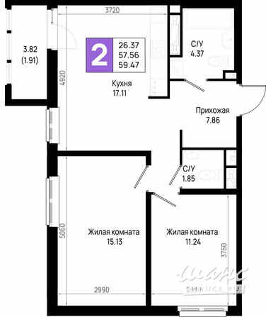 2-к квартира, 59.47 м², этаж 14/22 Всеволожск - изображение 3