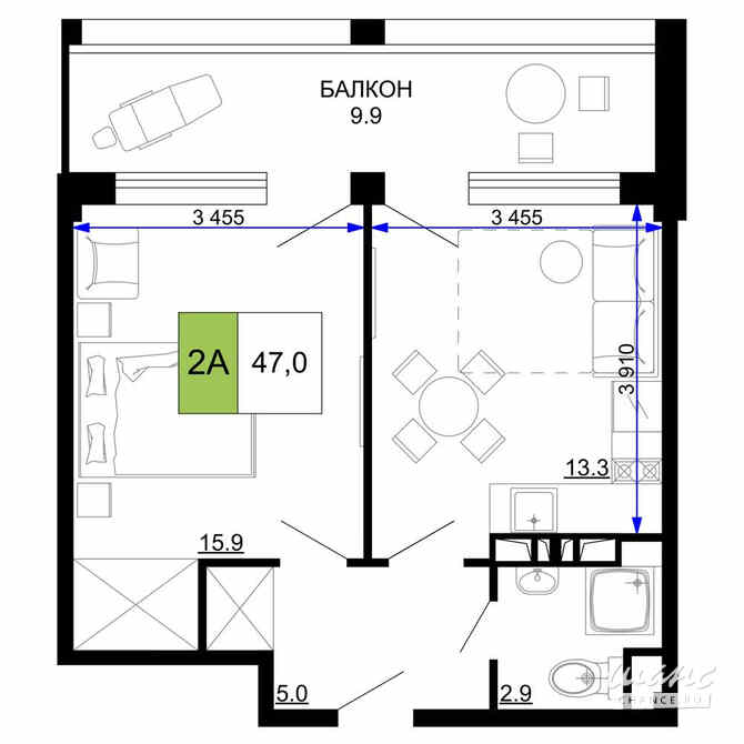 2-к квартира, 47 м², этаж 3/9 Анапа - изображение 3