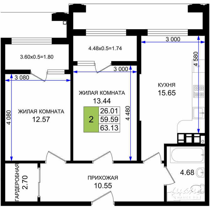 2-к квартира, 63.13 м², этаж 2/8 Новороссийск - изображение 3