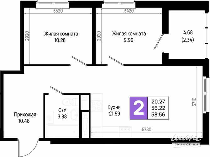 2-к квартира, 58.56 м², этаж 8/22 Всеволожск - изображение 3