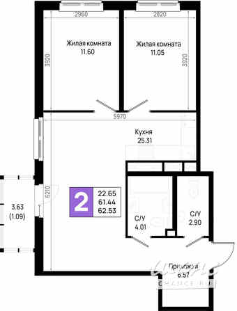 2-к квартира, 62.53 м², этаж 9/22 Всеволожск - изображение 3