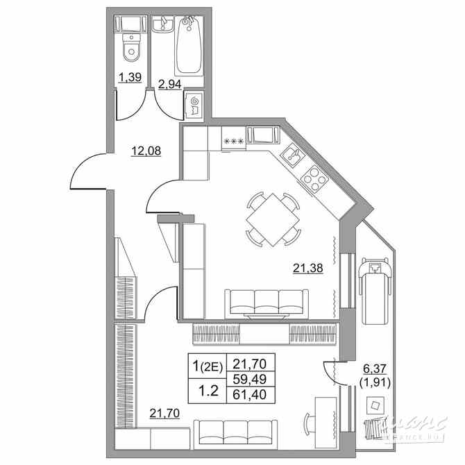 1-к квартира, 59.2 м², этаж 11/11 Им Свердлова - изображение 1