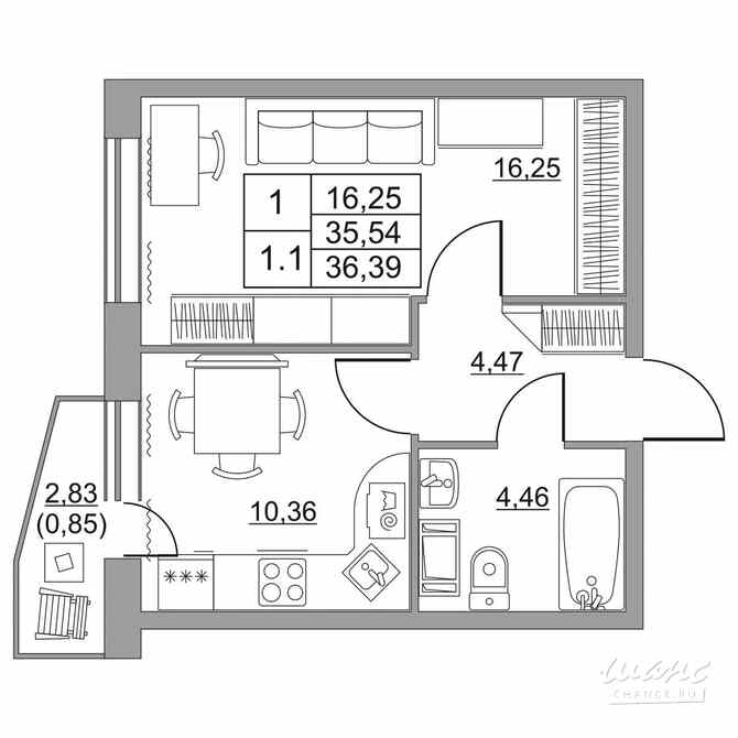 1-к квартира, 35.3 м², этаж 10/11 Им Свердлова - изображение 1