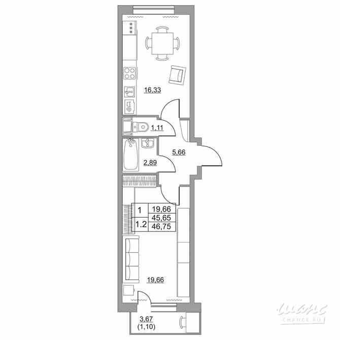 1-к квартира, 45.3 м², этаж 10/11 Им Свердлова - изображение 1